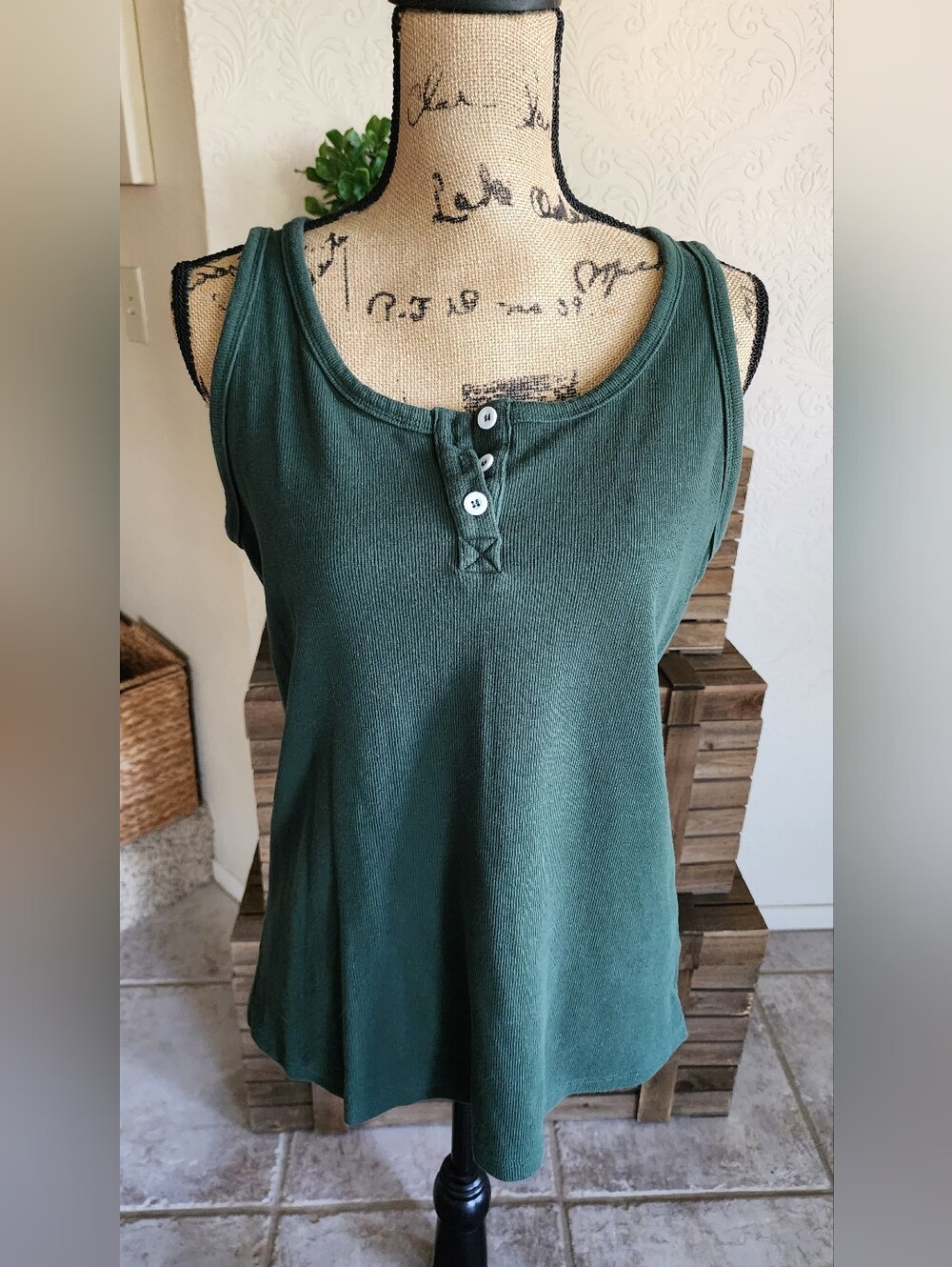 Sleeveless Henley Tank Top in Deep Green - Women